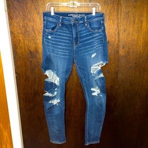 American Eagle Dark Wash Size 14 Torn High Rise Jegging